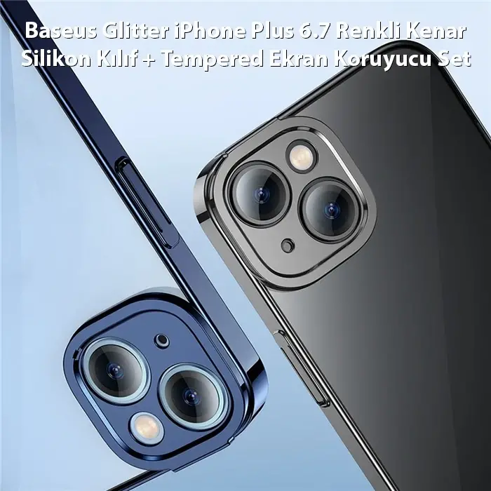 Baseus Glitter iPhone 14 Plus 6.7 Renkli Kenar Silikon Kılıf + Tempered Ekran Koruyucu Set-(5775)