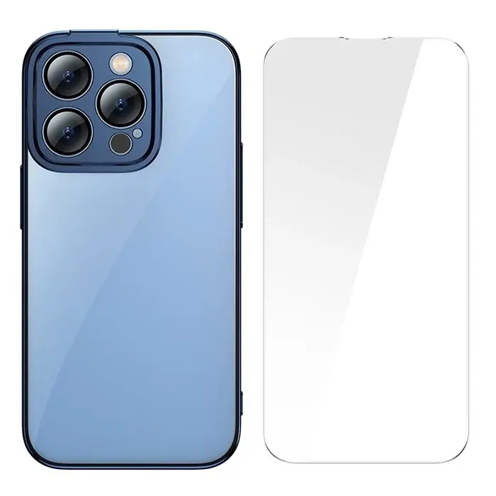 Baseus Glitter iPhone 14 Pro Max 6.7 Renkli Kenar Silikon Kılıf + Tempered Ekran Koruyucu Set-(5775)