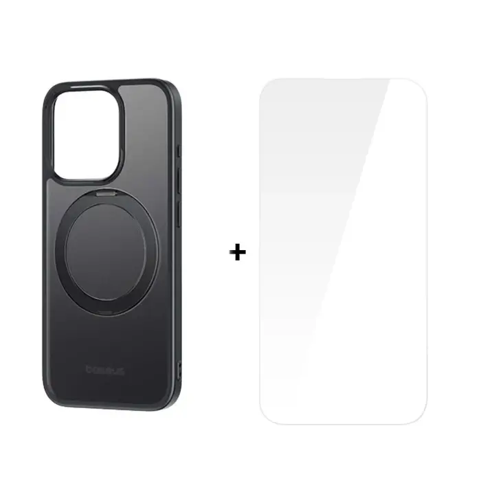 Baseus iPhone 15 Plus SkyRing Serisi Standlı Magsafe Manyetik Kılıf + Tempered Ekran Koruyucu Set-(5775)
