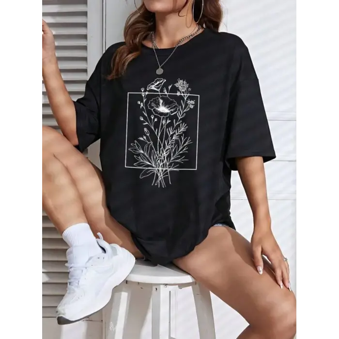 Kadın Kısa Kol Yazlık Tişört Bisiklet Yaka Baskılı Oversize T-Shirt - Siyah