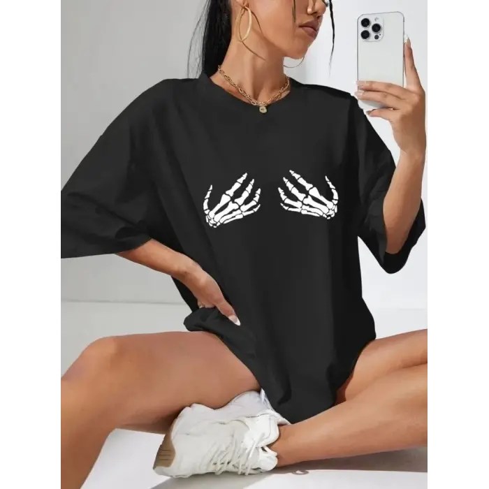 Kadın Baskılı T-Shirt Kısa Kol Bisiklet Yaka Oversize Rahat Kalıp Tişört - Siyah