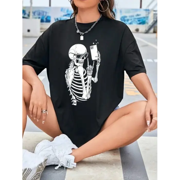 Kadın iskelet Baskılı T-Shirt Kısa Kol Bisiklet Yaka Oversize Tişört - Siyah