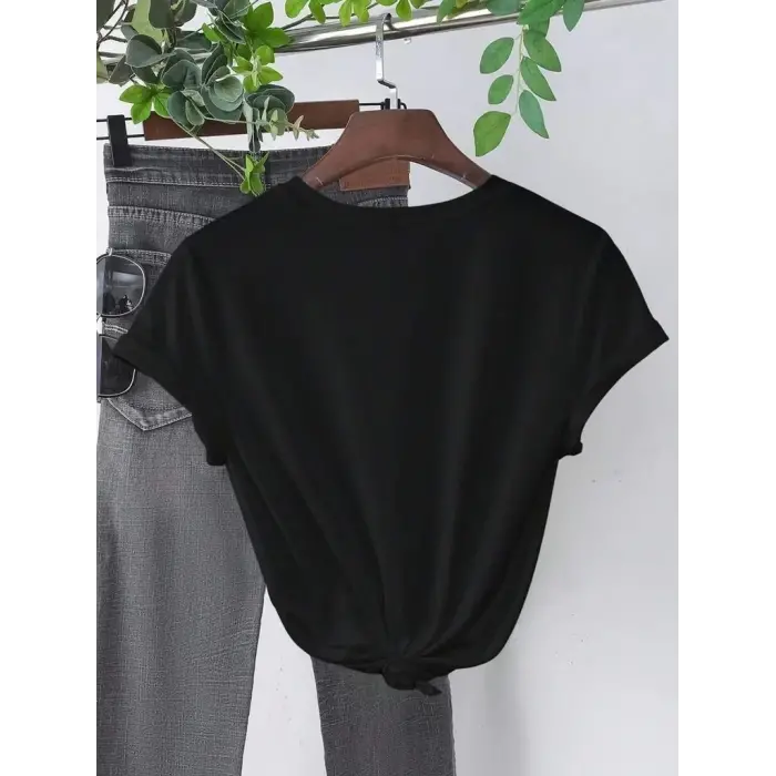 Kadın Kısa Kol Yazlık Tişört Bisiklet Yaka Baskılı Oversize T-Shirt - Siyah
