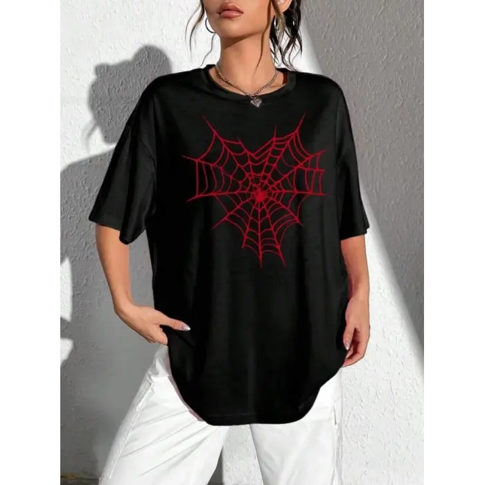 Kadın Örümcek Ağ Baskılı T-Shirt Kısa Kol Bisiklet Yaka Oversize Tişört - Siyah