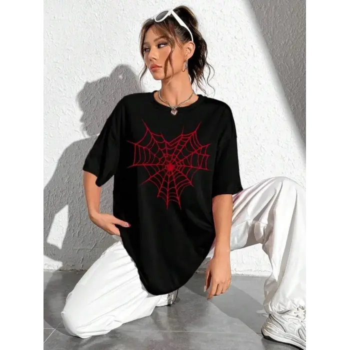 Kadın Örümcek Ağ Baskılı T-Shirt Kısa Kol Bisiklet Yaka Oversize Tişört - Siyah