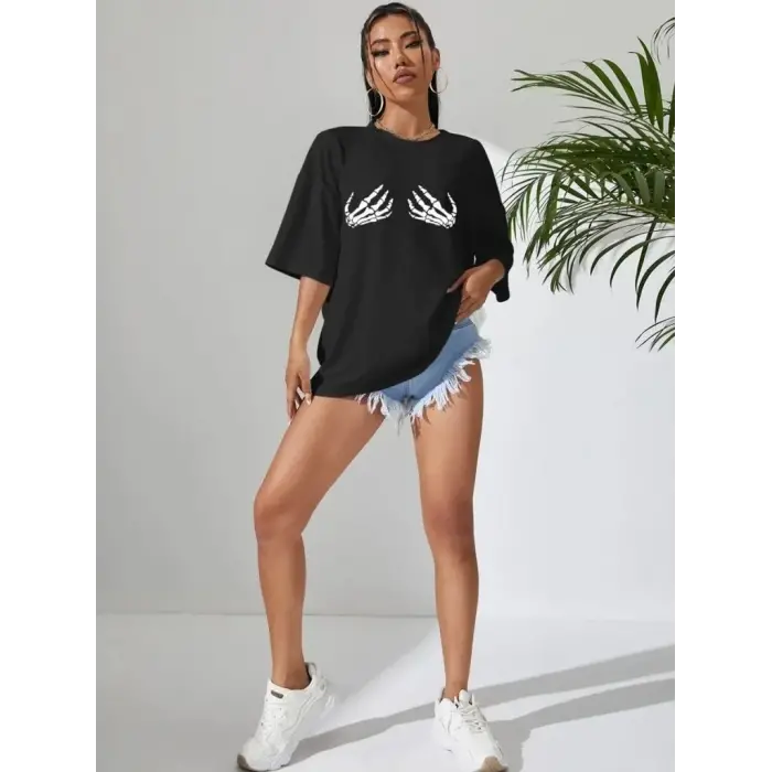 Kadın Baskılı T-Shirt Kısa Kol Bisiklet Yaka Oversize Rahat Kalıp Tişört - Siyah