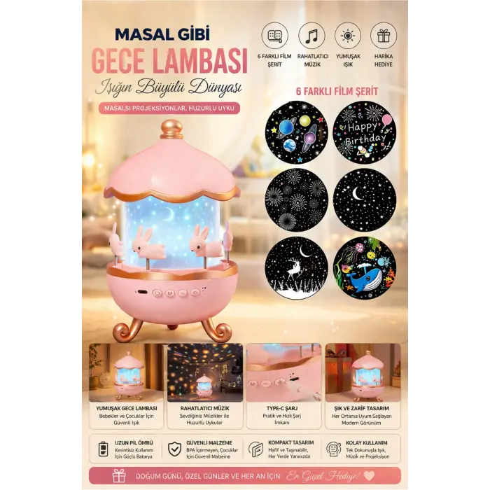 Bej renkli, masa üstü kullanıma uygun, şarj edilebilir ve projektör özellikli gece lambası.