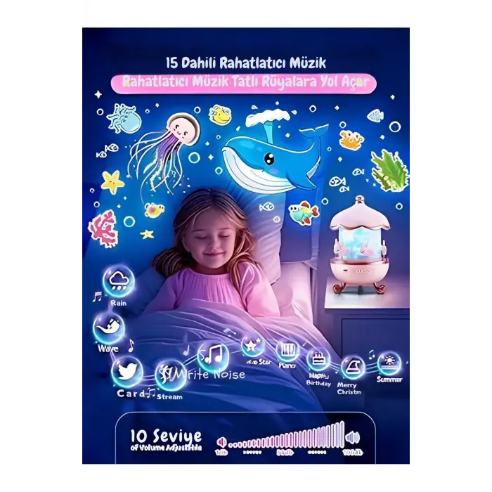 Bej renkli, masa üstü kullanıma uygun, şarj edilebilir ve projektör özellikli gece lambası.