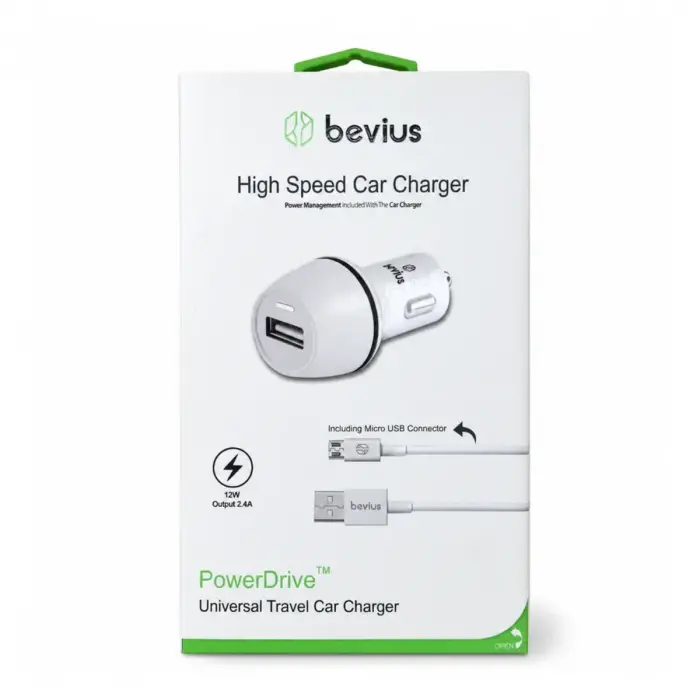 Micro USB Beyaz 12W Kablolu Araç Şarj Cihazı Bevius BVS-AU509