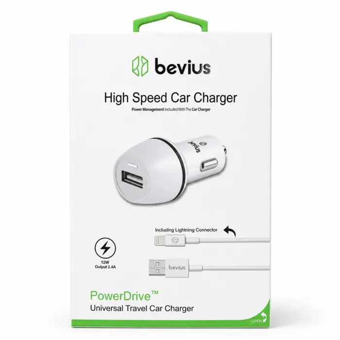 Bevius BVS-AU511 Beyaz 12W Lightning Kablolu Araç Şarj Cihazı