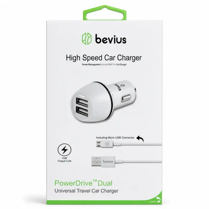 Bevius BVS-AU514 15W 3A Çift USB Micro Kablolu Araç Şarj Cihazı
