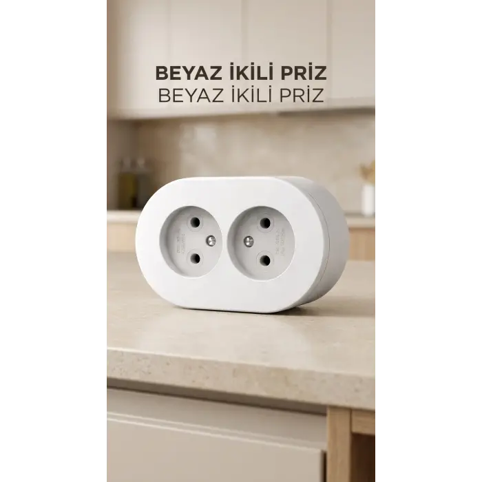 Beyaz Çift Girişli Topraklı Sıva Üstü Priz, Dekoratif Duvar Elektrik Ünitesi