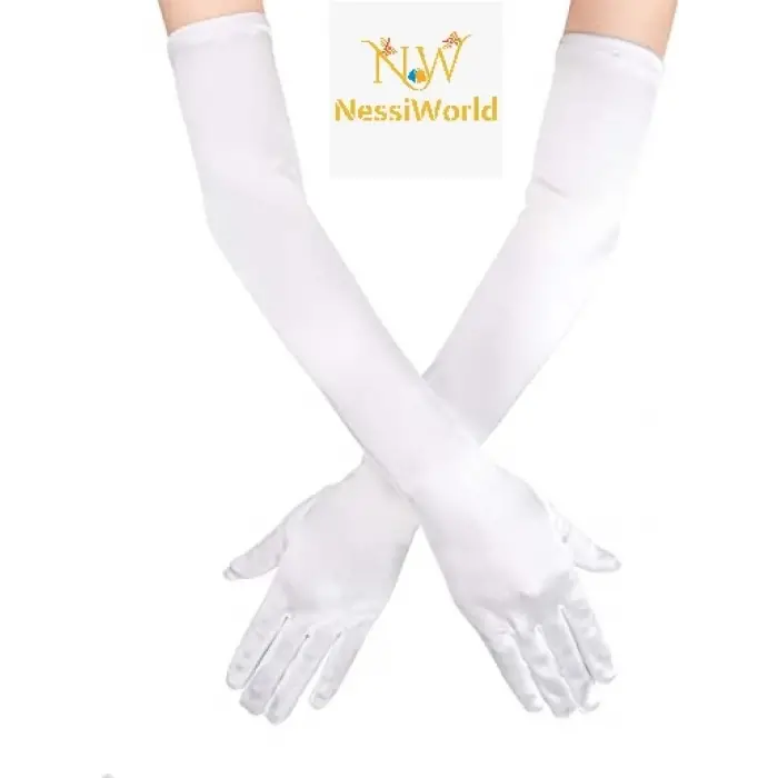 Beyaz Renk Dirseğe Kadar Uzun Kumaş Eldiven 40 cm