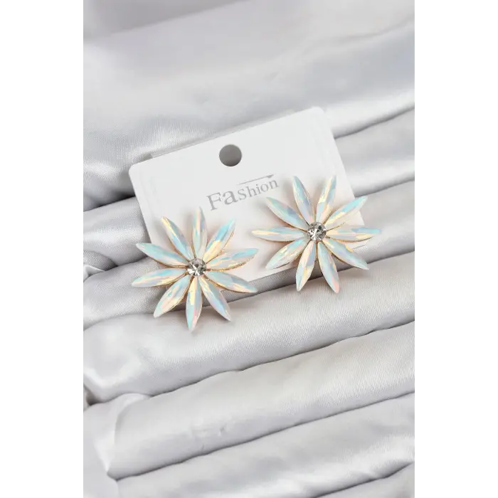 Beyaz Renk Kristal Taşlı Lotus Model Kadın Küpe