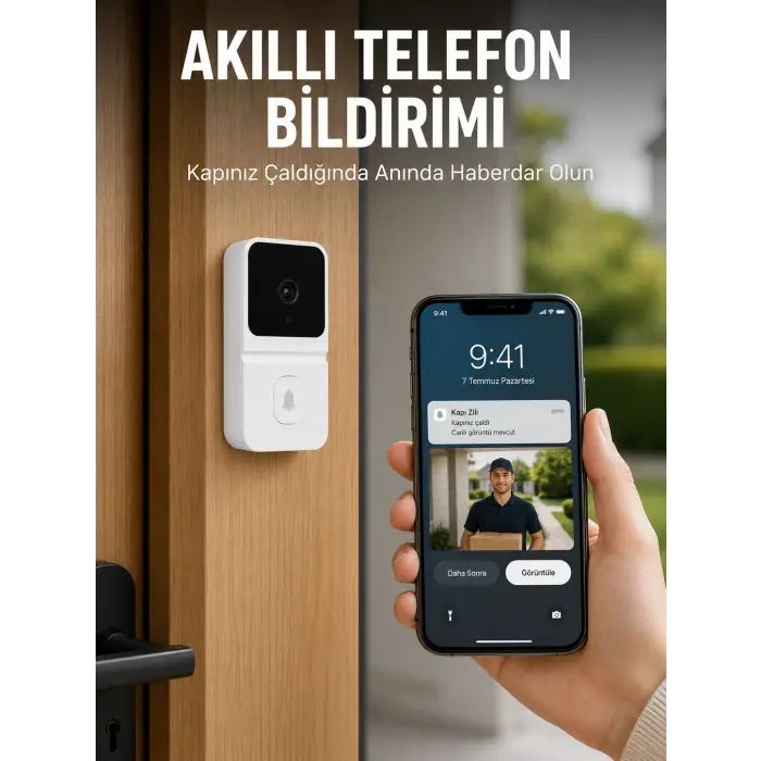 Beyaz Wi-Fi Akıllı Görüntülü Kapı Zili HD Kamera, Gece Görüşü ve Telefon Bildirimli Kablosuz Kapı Zili