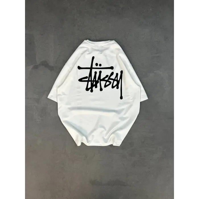 Erkek Tişört Bisiklet Yaka Baskılı Oversize Kısa kol T-Shirt - Beyaz