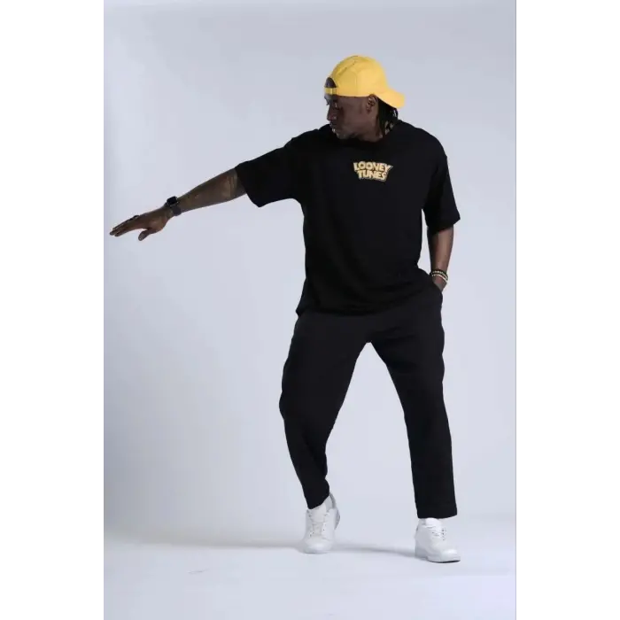 Erkek Kısa Kol Yazlık Tişört Bisiklet Yaka Baskılı Oversize T-Shirt - Siyah