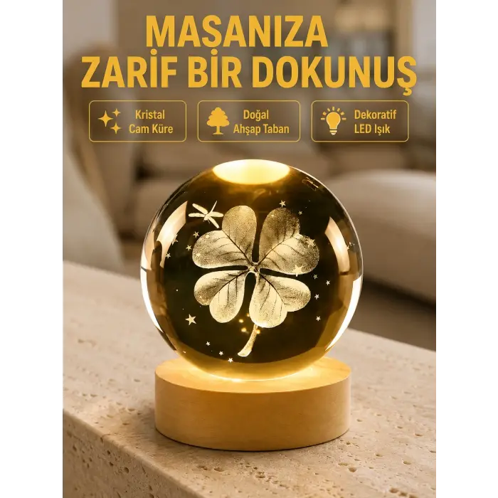 Bitki Temalı LED Işıklı Cam Küre Ahşap Standlı Modern Gece Lambası
