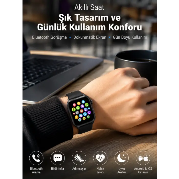 Bluetooth Arama, Akıllı Bildirimler ve Günlük Sağlık Takibi Sunan Şık Tasarımlı Akıllı Saat
