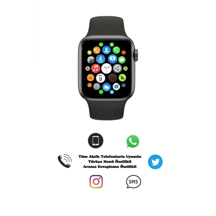 Bluetooth Bağlantılı Akıllı Saat, Nabız ve Uyku Takibi, Suya Dayanıklı Siyah Silikon Kordonlu Model