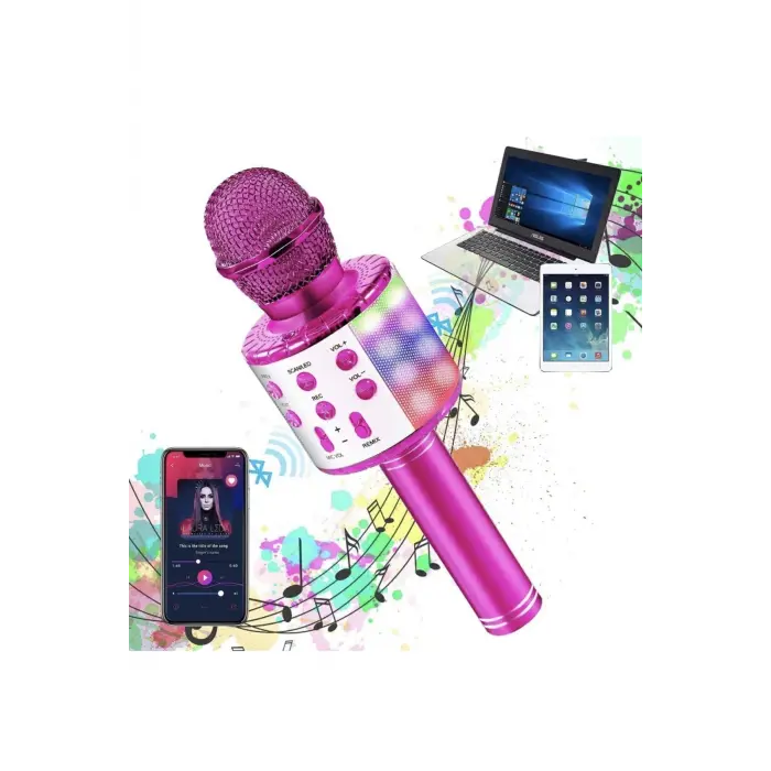 Bluetooth bağlantılı pembe karaoke mikrofonu, hoparlör özellikli, garantisiz - Elektronik