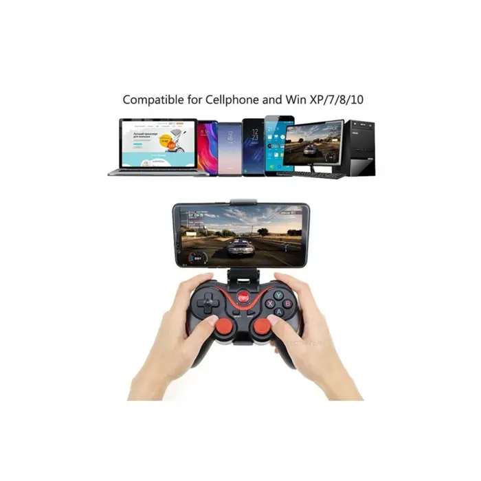 Bluetooth bağlantılı siyah gamepad, PC uyumlu, telefon standı dahil, 1 yıl garantili