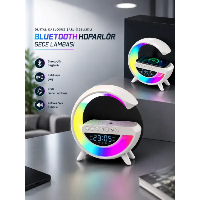 Bluetooth Hoparlör 15W Kablosuz Hızlı Şarj LED Gece Lambası