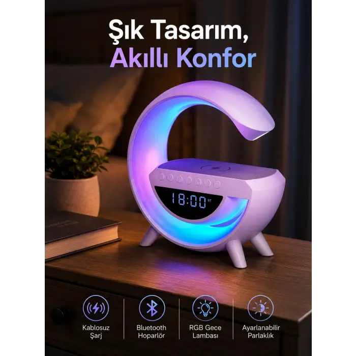 Bluetooth Hoparlör 15W Kablosuz Hızlı Şarj LED Gece Lambası
