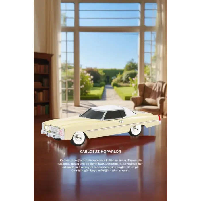 Bluetooth hoparlör bej renk retro araba tasarımlı 10W FM USB TWS 3 saat dinleme süresi