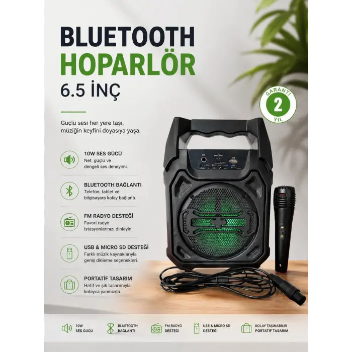 Bluetooth Hoparlör Mikrofonlu Taşınabilir Ses Sistemi FM Radyo, USB, SD Kart ve TWS Özellikli