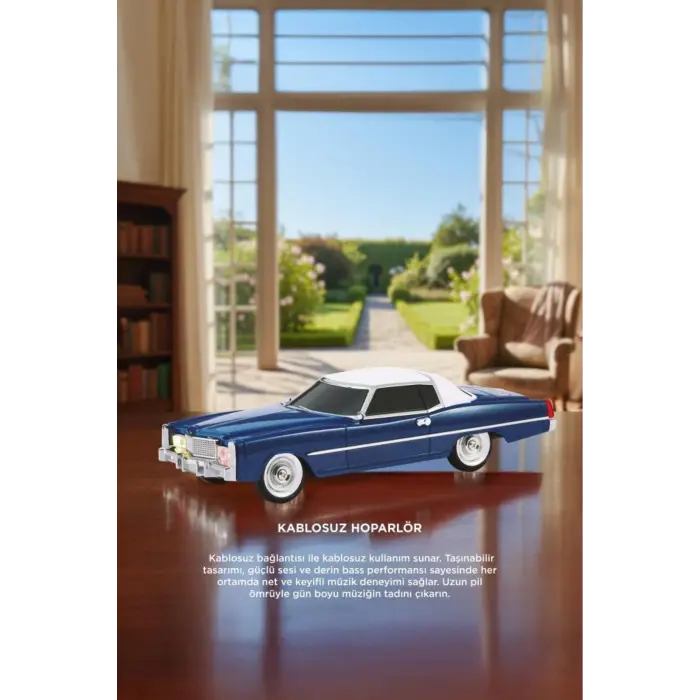 Bluetooth hoparlör retro araba tasarımlı 10W mavi FM USB TWS 3 saat dinleme süresi