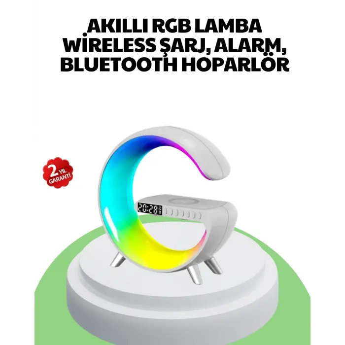 Bluetooth Hoparlörlü RGB Atmosfer Lambası Kablosuz Şarj ve Saat Özellikli