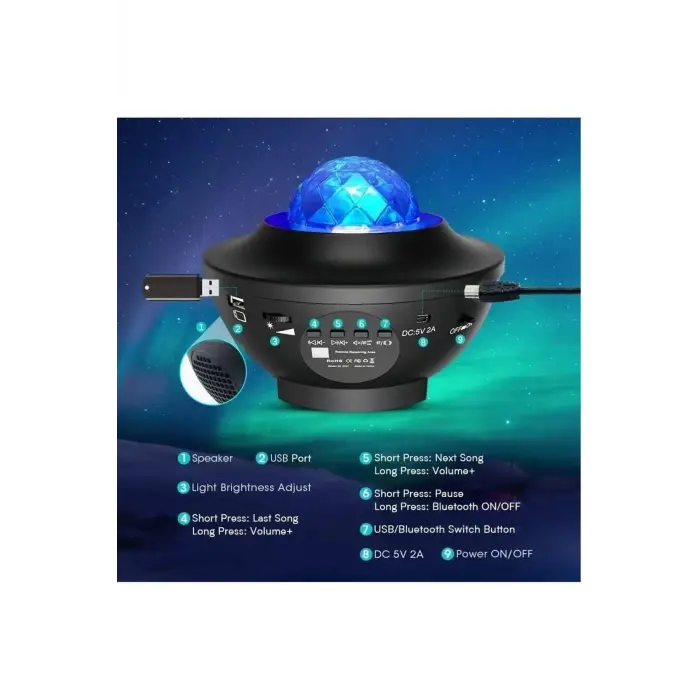 Bluetooth hoparlörlü sese duyarlı projektör gece lambası tavan aydınlatıcı çok renkli