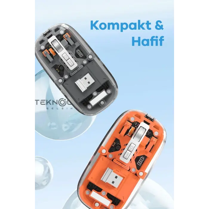 Bluetooth USB Çift Modlu Sessiz Mouse, Şeffaf Mıknatıslı Kapaklı, Type-C Şarjlı, DPI Ayarlı, Kablosuz 10m Çekim Mesafeli, Masaüstü Kısayol Tuşlu, Taşınabilir Şarjlı Mouse Turuncu