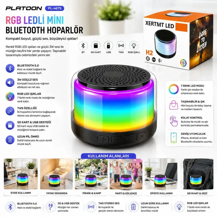 Bt - Sd - Usb Şarjlı Rgb Işıklı Bluetooth Wireless Speaker Hoparlör 3w Pl-4675 Bx40