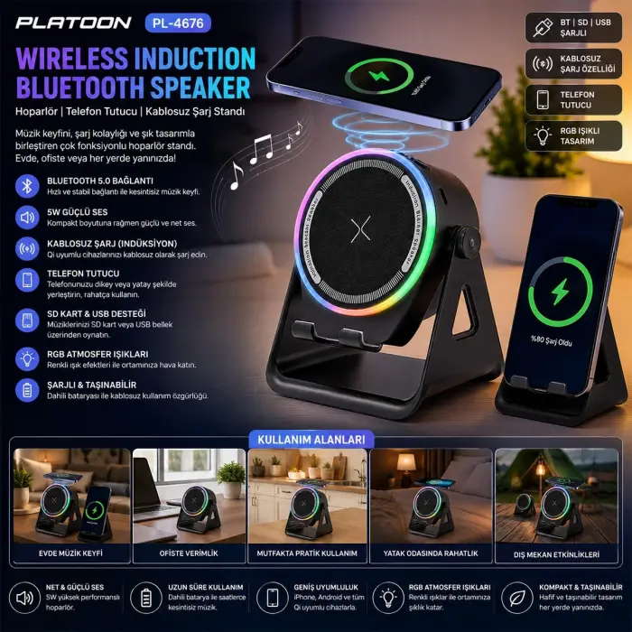 Bt - Sd - Usb Şarjlı Telefon Tutacak Rgb Işıklı Bluetooth Wireless Speaker Hoparlör 5w Pl-4676 Bx40