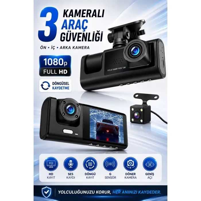 C309 Tipi 3 Kameralı LCD Ekran Araç Kamerası Hareket Sensörlü Gece Görüşlü G Sensörlü