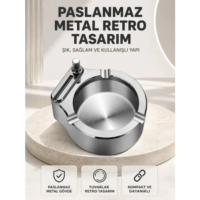 Çakmaklı Küllük Paslanmaz Metal Yuvarlak Tasarım