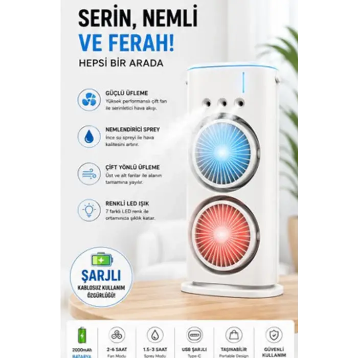 Çift Başlıklı Sprey Fan Nemlendirici Ve Renkli Led Işıklı Beyaz