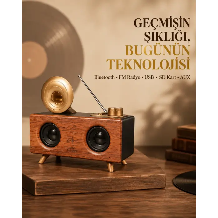Çift Hoparlörlü Retro Bluetooth Speaker 1800mAh Bataryalı AUX USB SD Kartlı