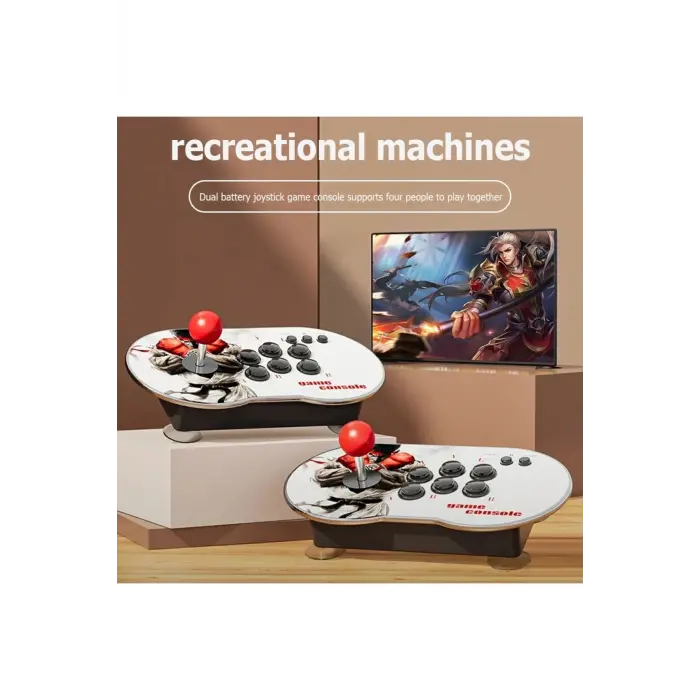 Çift kişilik retro joystickli beyaz oyun konsolu, 4K HD görüntü, oyun, bluetooth yok