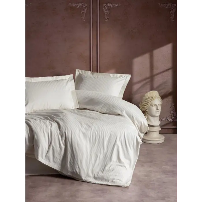 Çift Kişilik Saten Nev Takımı Elegante Stripe Ekru