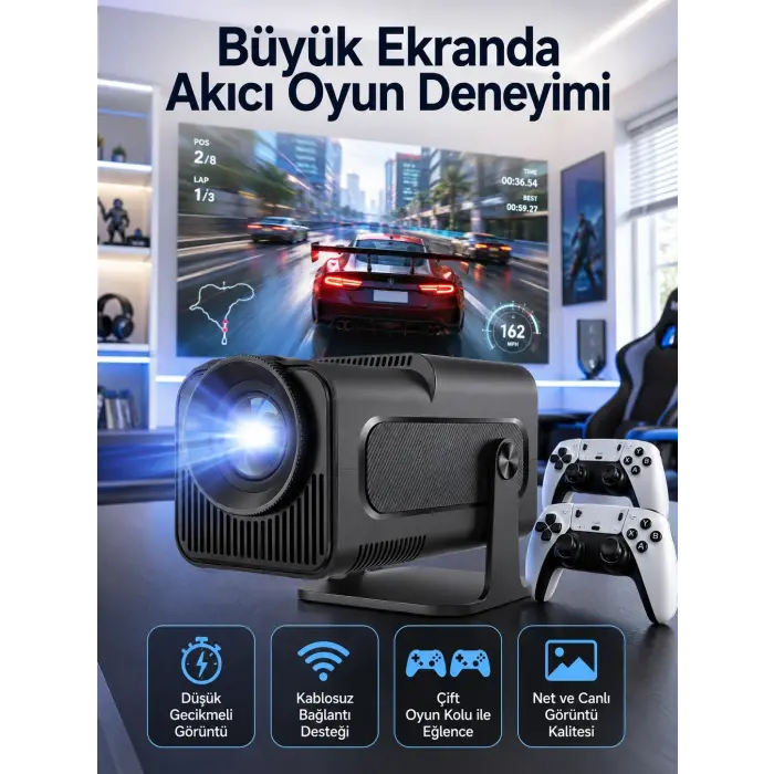 Çift Kollu Game Box Projeksiyon Cihazı Kumandalı Android Tv Dahili Hoparlör