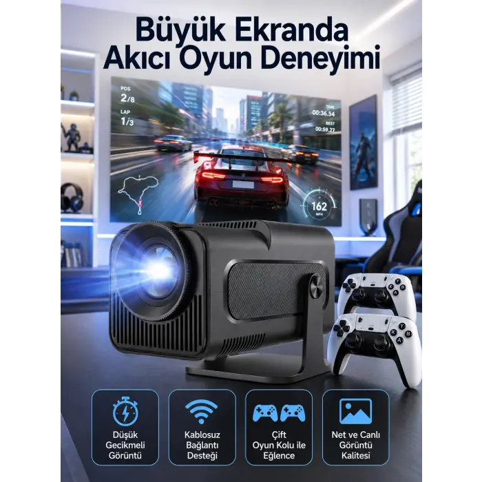 Çift Kollu Game Box Projeksiyon Cihazı Kumandalı Android Tv Dahili Hoparlör