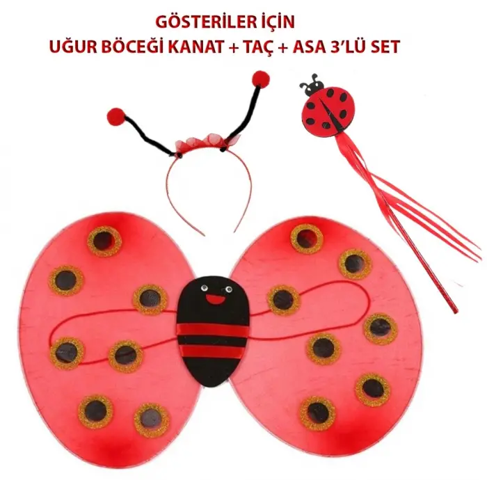 Çocuk Gösteri İçin Uğur Böceği Kanat + Taç + Asa 3 lü Kostüm Seti