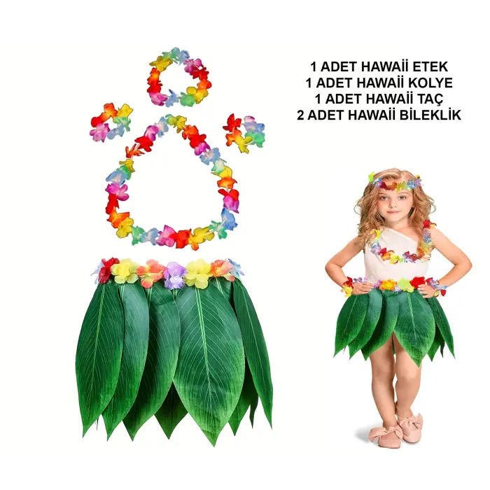 Çocuk Hawaii Kostüm Seti - Yaprak Etek &amp;amp; Hawaii Set - 5 Parça Bx40