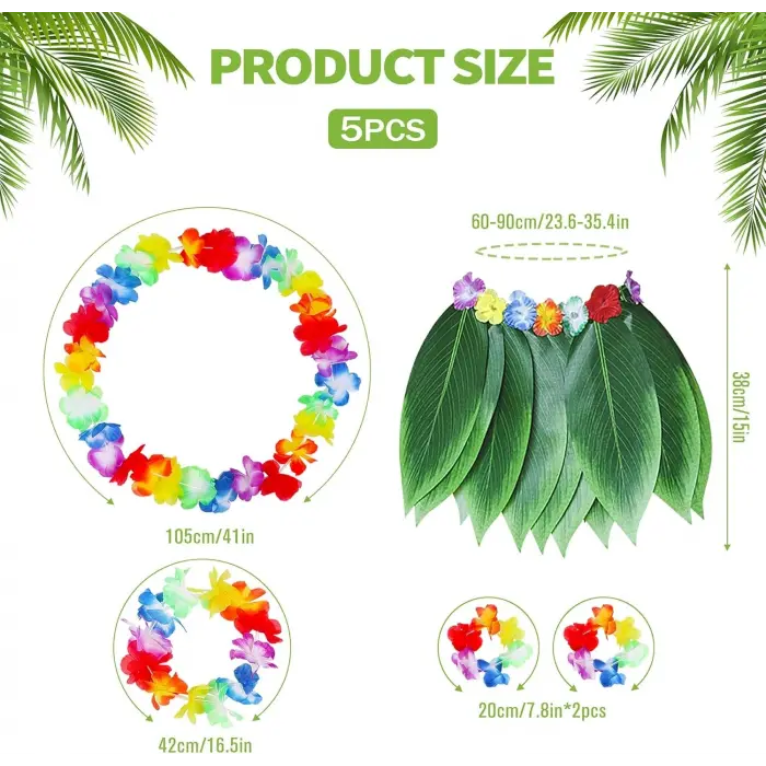 Çocuk Hawaii Kostüm Seti - Yaprak Etek &amp;amp; Hawaii Set - 5 Parça Bx40