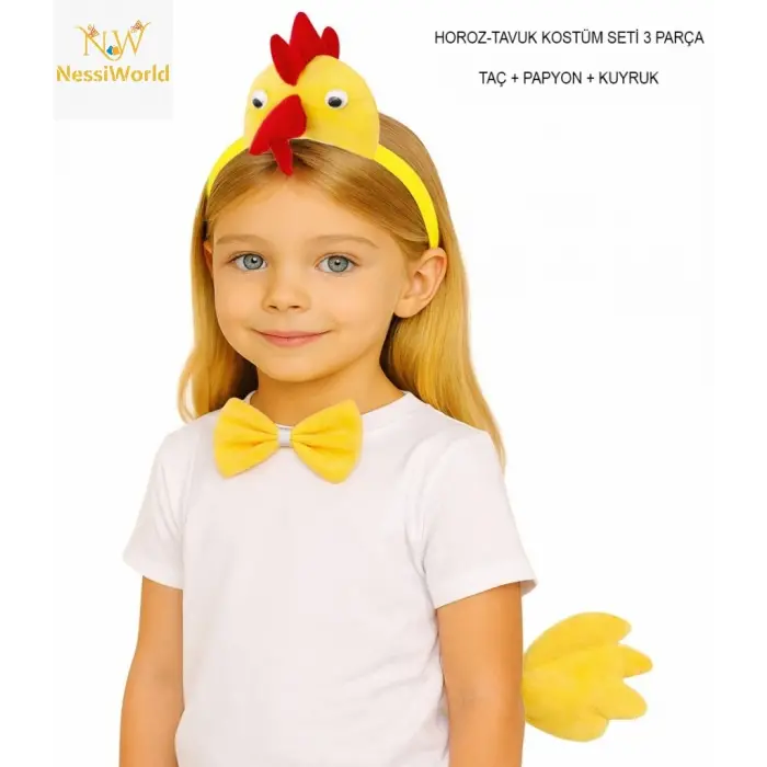 Çocuk Horoz Tavuk Kostüm Seti 3 Parça (Taç + Papyon + Kuyruk)