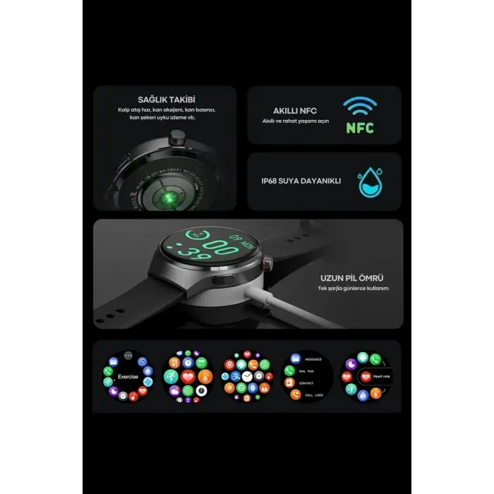 Curved AMOLED Ekranlı Akıllı Saat, Nabız ve Uyku Takibi, Suya Dayanıklı, Deri Kordonlu