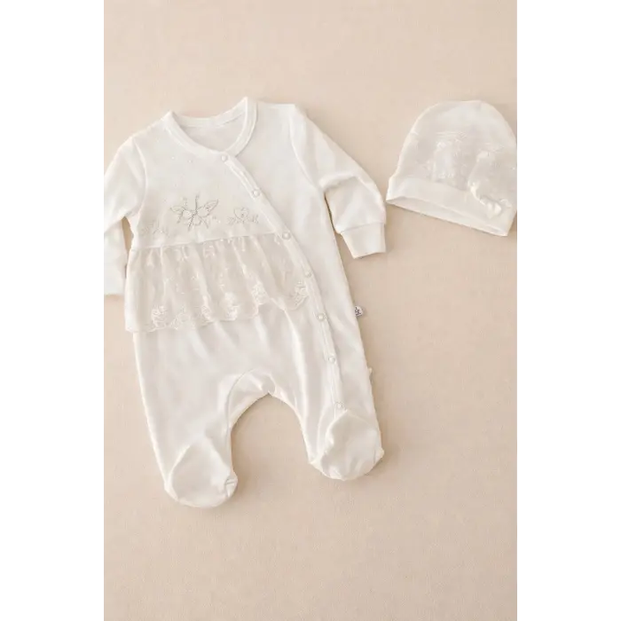 Dantelli Çiçek Nakışlı Kız Bebek Tulum %100 Pamuk